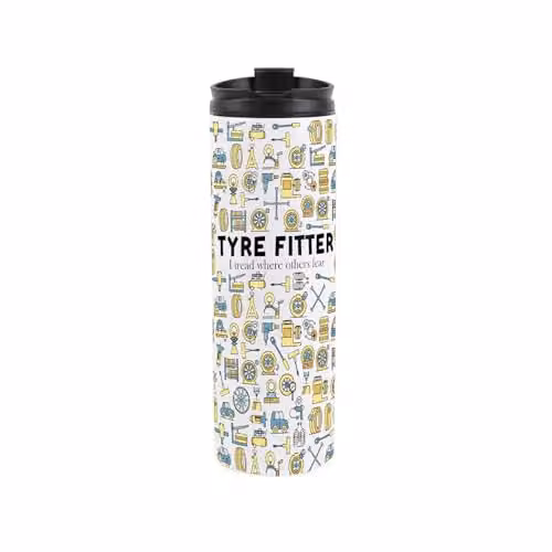 Purely Home Tyre Fitter Novelty Travel Flask, Reusable Stainless Steel Double-Walled Tumbler, Multicoloured and White, 500ml – 1