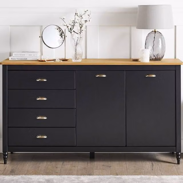 Wyld and Coco Nordic Luxe Sideboard in Black with Pine Top, 2 Doors and 4 Drawers – 1
