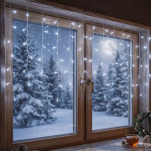 Living Star Solar Powered LED Icicle String Lights with Remote Control and Dusk Sensor in Black and Transparent