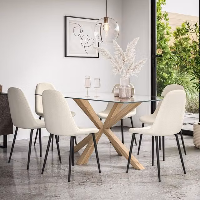 More4Homes Etta Glass Dining Table and Maya Ivory Boucle Chair Set of 6 with Solid Oak Legs – 1