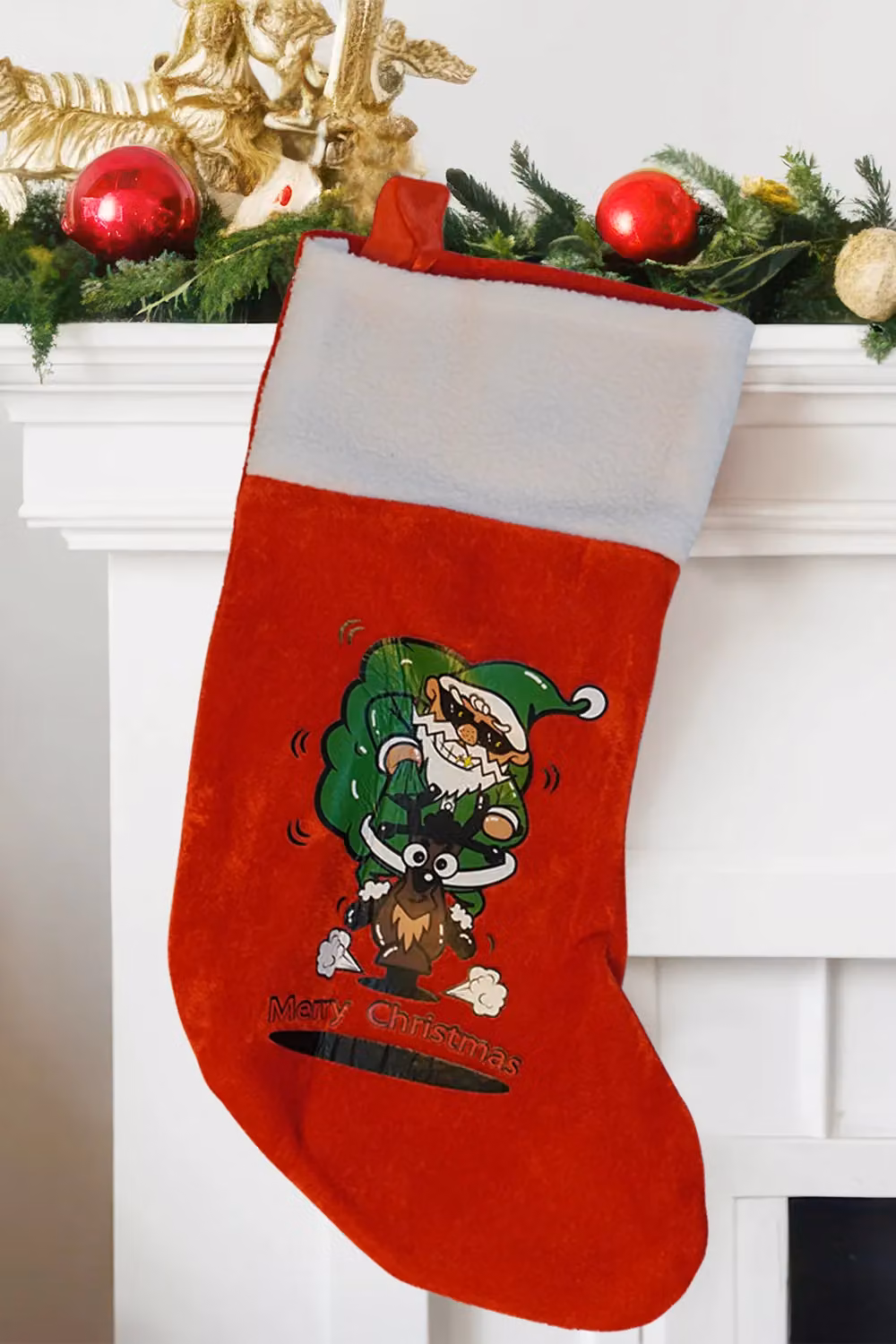 Neel Blue Red Velvet Christmas Stocking with Cartoon Santa and Reindeer Design – 2