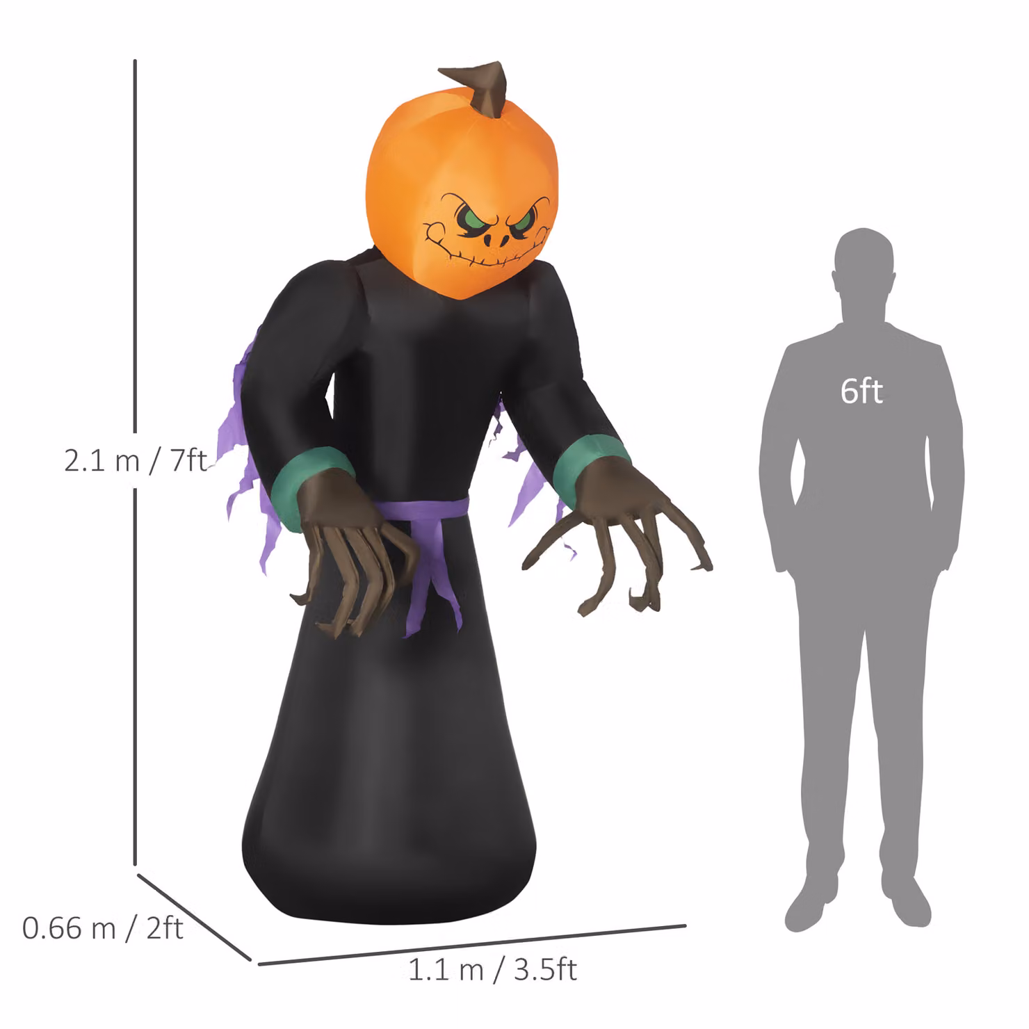 HOMCOM Inflatable Pumpkin Man Halloween Yard Decoration with LED Lights, Orange and Multicolour, Height: 210 cm – 3
