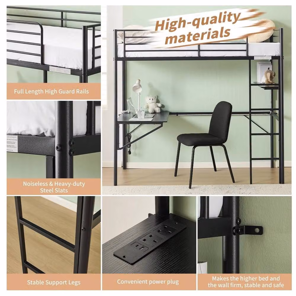 KORVIXA Metal Single Loft Bed Frame in Black with USB Charging Port and Under-Bed Lighting – 4