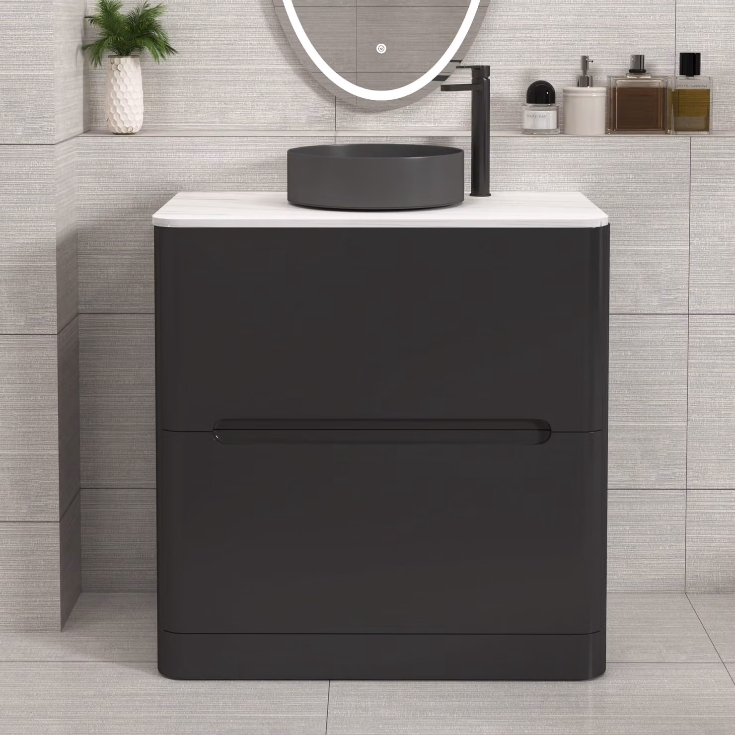Royal Bathrooms Venice 800mm Matt Nocturne Black Floor Standing 2 Drawer Vanity Unit with Art Round Basin