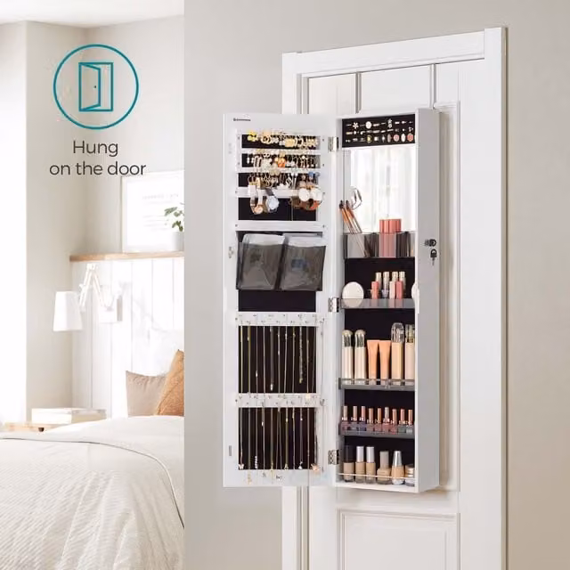SONGMICS White Wall-Mounted Jewellery Storage Cabinet with Lock, Mirror and Integrated Lighting