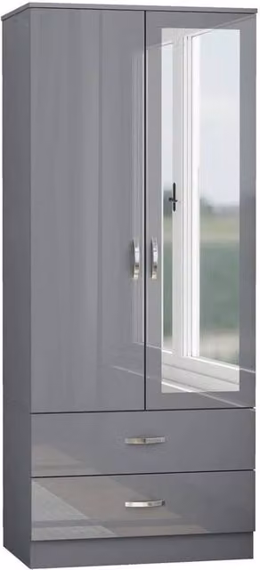 FLAVORA Modern 2 Door 2 Drawer Wardrobe with Mirrored Doors and High Gloss Grey Finish – 1