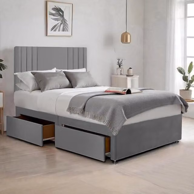 Bed Time UK Plush Sawana Grey Upholstered Bed with 2 Drawers and Hybrid Memory Foam Mattress, W/D/H: 180 x 200 cm