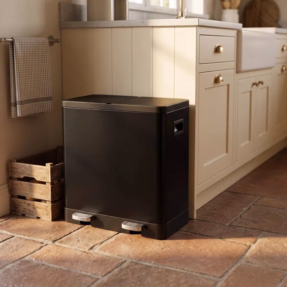 VOGREX Black Stainless Steel Dual Pedal Bin with 2x30L Soft Close Removable Inner Buckets – 2