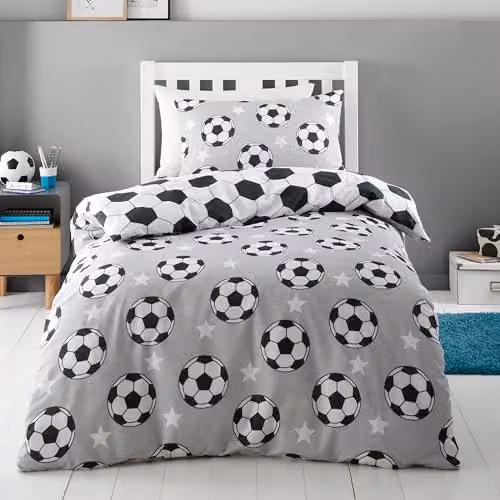Catherine Lansfield Football Stars Reversible Brushed Cotton Flannelette Single Duvet Cover and Pillowcase Set, Grey and White, Duvet Cover: 135 x 200 cm, Pillowcase: 50 x 75 cm