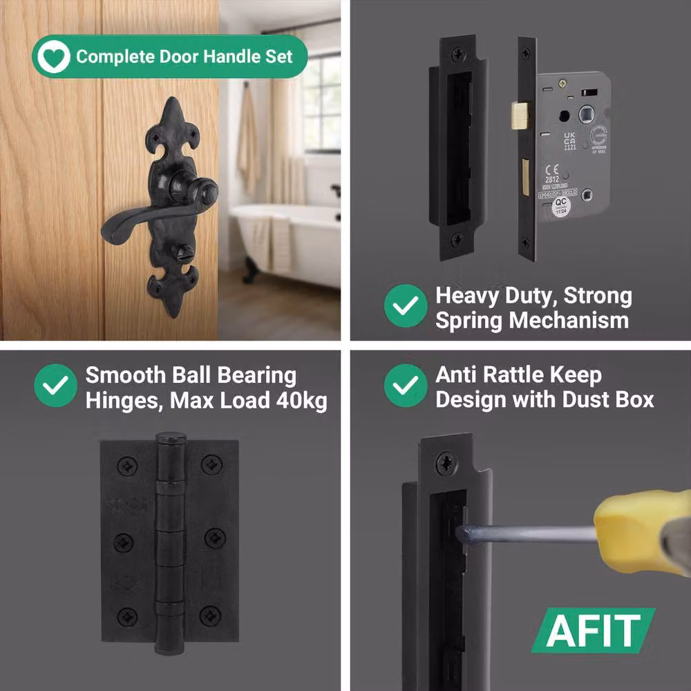 AFIT Black Antique Cast Iron Bathroom Handles and Hinges Set – 4
