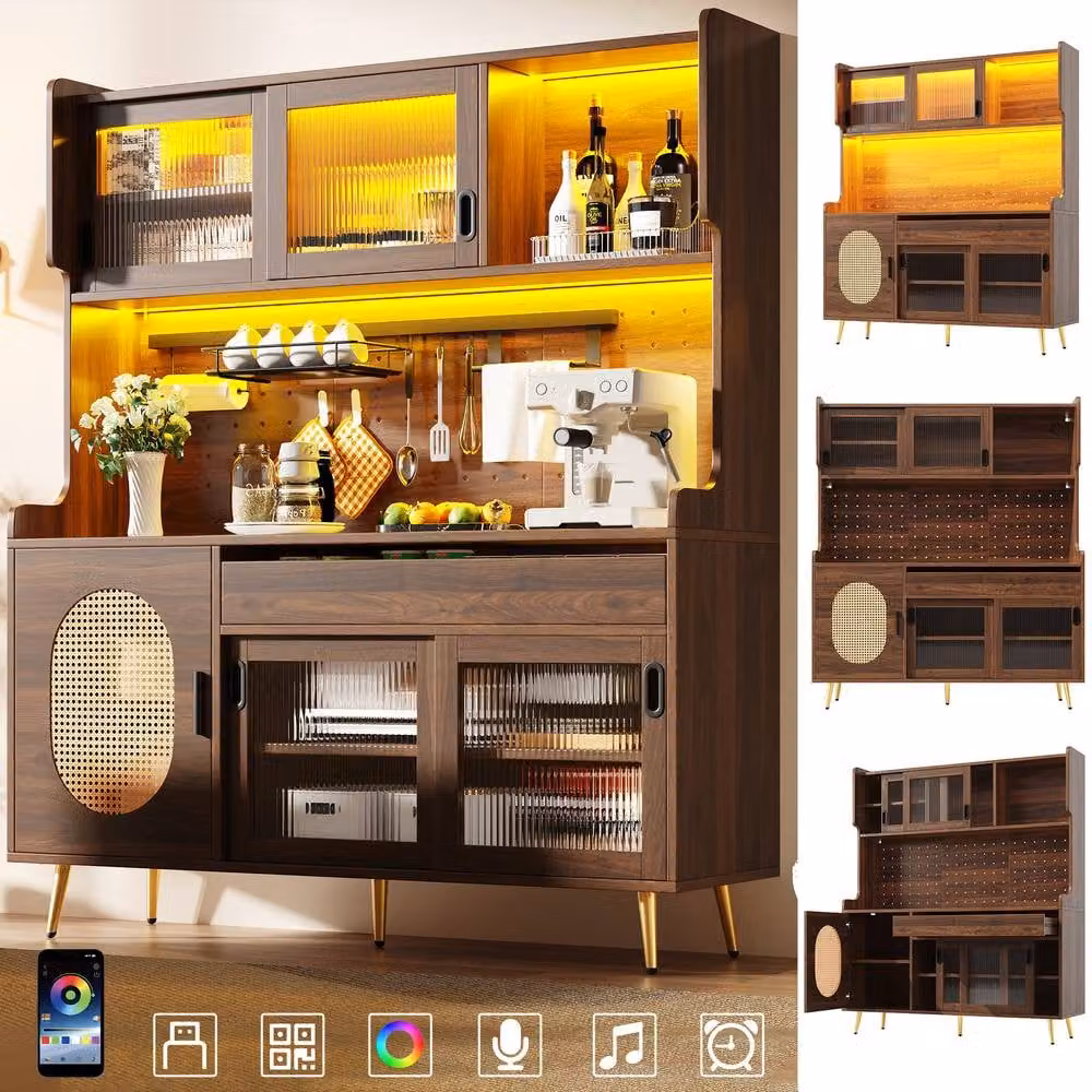 BTM Country Style Sideboard with LED Light and Fluted Glass Doors in Brown, W/D/H: 171 x 39 x 39 cm – 2