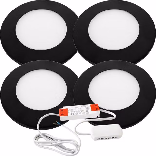Loops 4x Matt Black Ultra-Slim Round Under Cabinet Kitchen LED Light and Driver Kit with Natural White Diffused Light