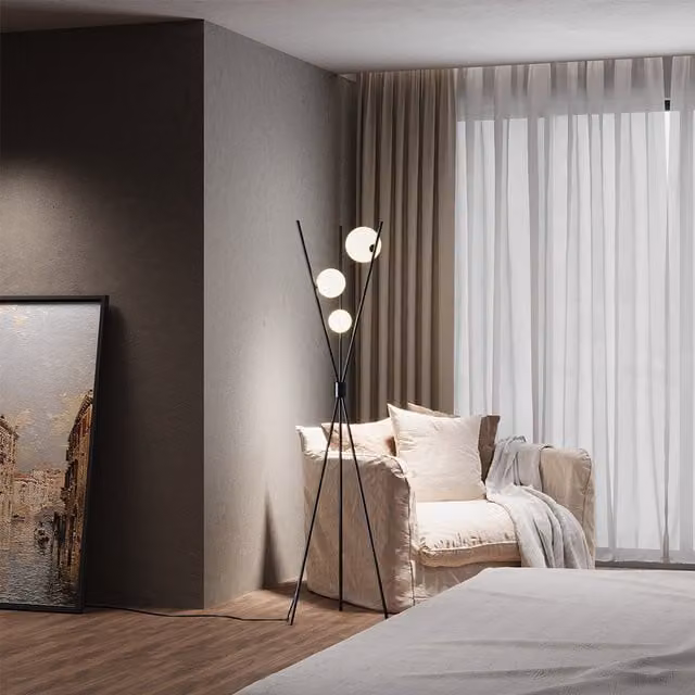 Livingandhome Modern Black Floor Lamp with Metal Base and Plastic Sphere Shade