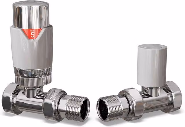 Talus Flair Chrome Thermostatic Radiator Valve and Lockshield Straight Set with White Trim and 8mm Reducers