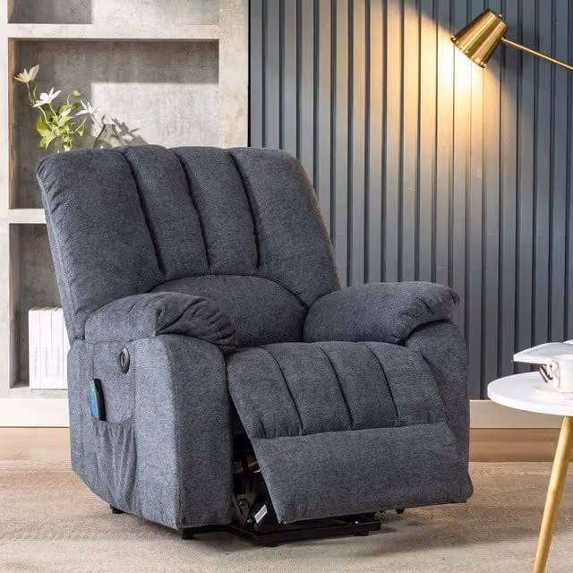 Home Touch Interior Electric Power Lift Recliner Chair with Massage, Heat and USB Ports in Grey and Blue Fabric