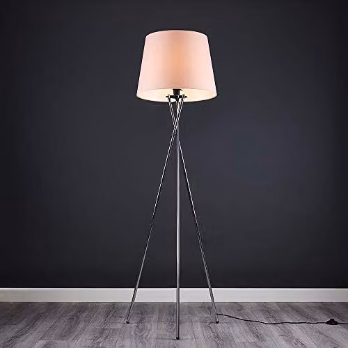 ValueLights Camden Polished Chrome Tripod Floor Lamp with Pink Fabric Tapered Shade, H 138.5 x W 57.0 x D 57.0 cm – 3