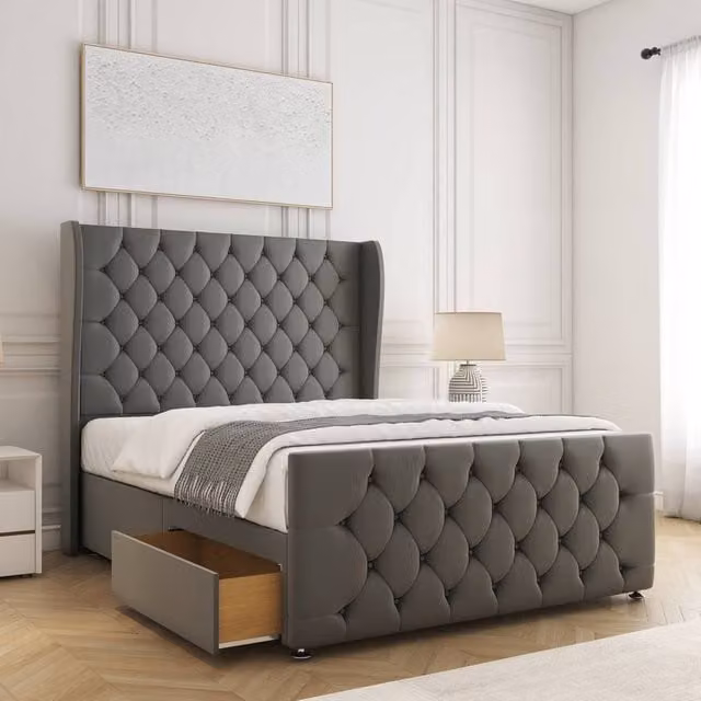 BSSPOKE Anna Plush Velvet Double Divan Bed with 54 inch Headboard, 2 Drawers, Footend and Mattress in Grey, W/D/H: 140 x 200 cm