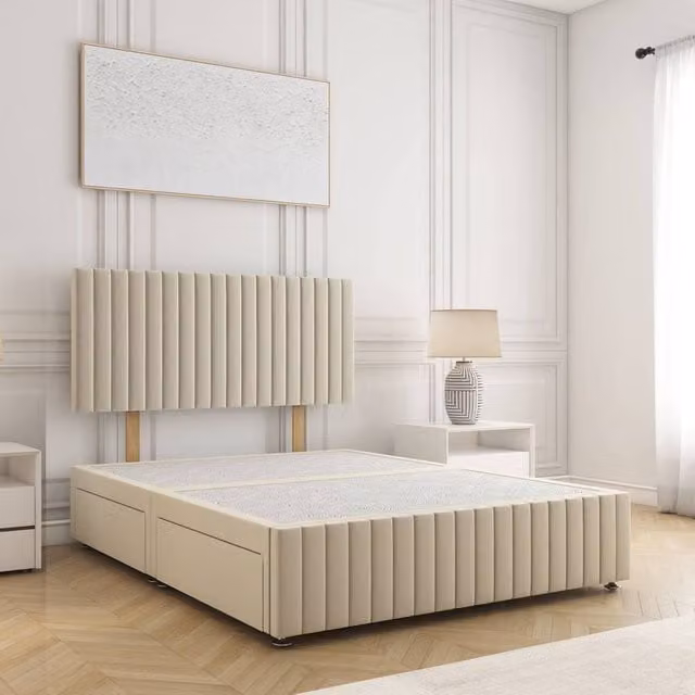 BSSPOKE Emma Double Divan Bed with 24 inch Headboard and 2 Drawers in Beige Plush Velvet