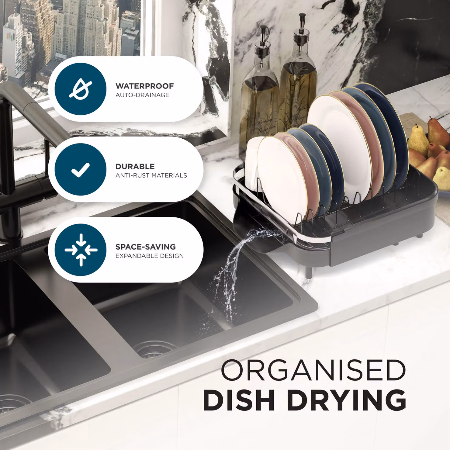DMD Collective Expandable Dish Rack with Removable Cutlery Holder in Black and Silver – 3