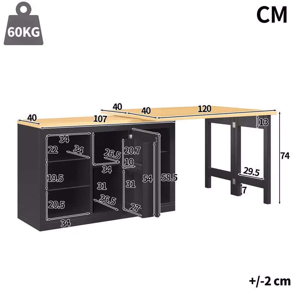 Merax Extendable Kitchen Island with Dining Table, LED Lights and Storage in Black, W/D/H: 120 x 74 x 91.3 cm – 4