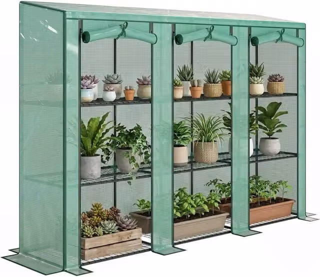 Kelvenix 3 Tier Green Lean-to Mini Greenhouse with PE Cover and Steel Frame