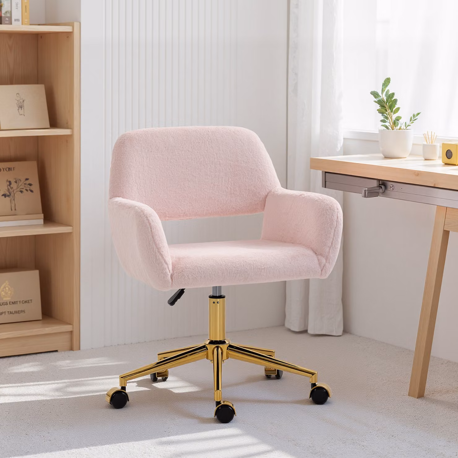 HOMCOM Faux Fur Rabbit Task Chair in Pink with Gold Metal Accents, W/D/H: 120 x 45 x 59 cm – 2