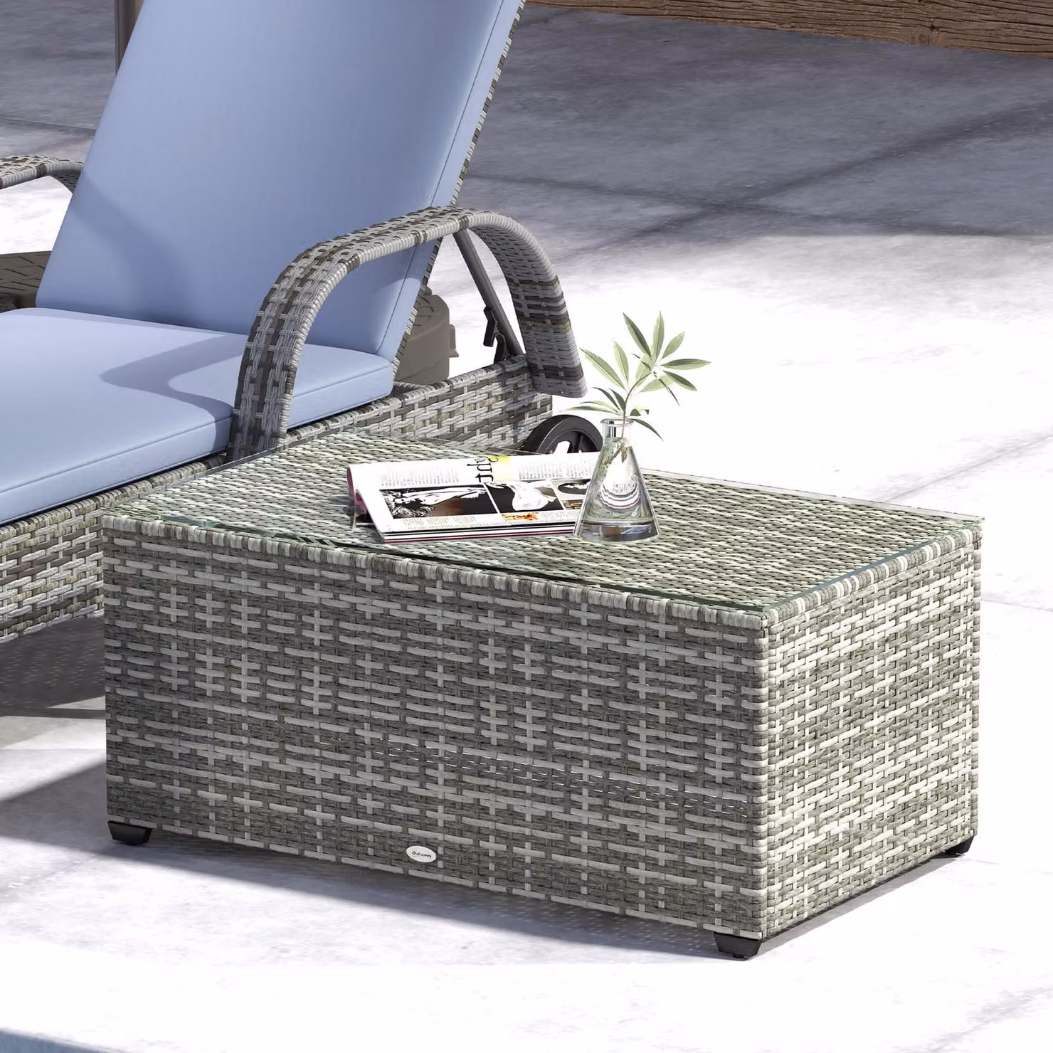 Outsunny Grey Rattan Garden Side Table with Glass Top, W: 90 cm, D: 50 cm, H: 38 cm – 6