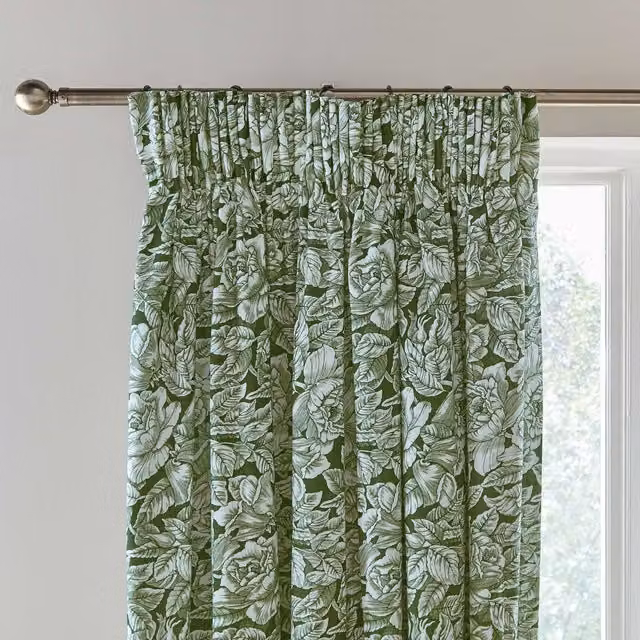 Bedeck of Belfast Burleigh Hibiscus Floral Blackout Cotton Curtains, Green, W/H: 228.6 x 228.6 cm
