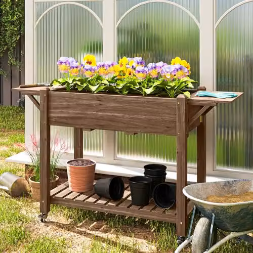 Outsunny Carbonised Wooden Raised Garden Bed with Lockable Wheels in Brown – 2