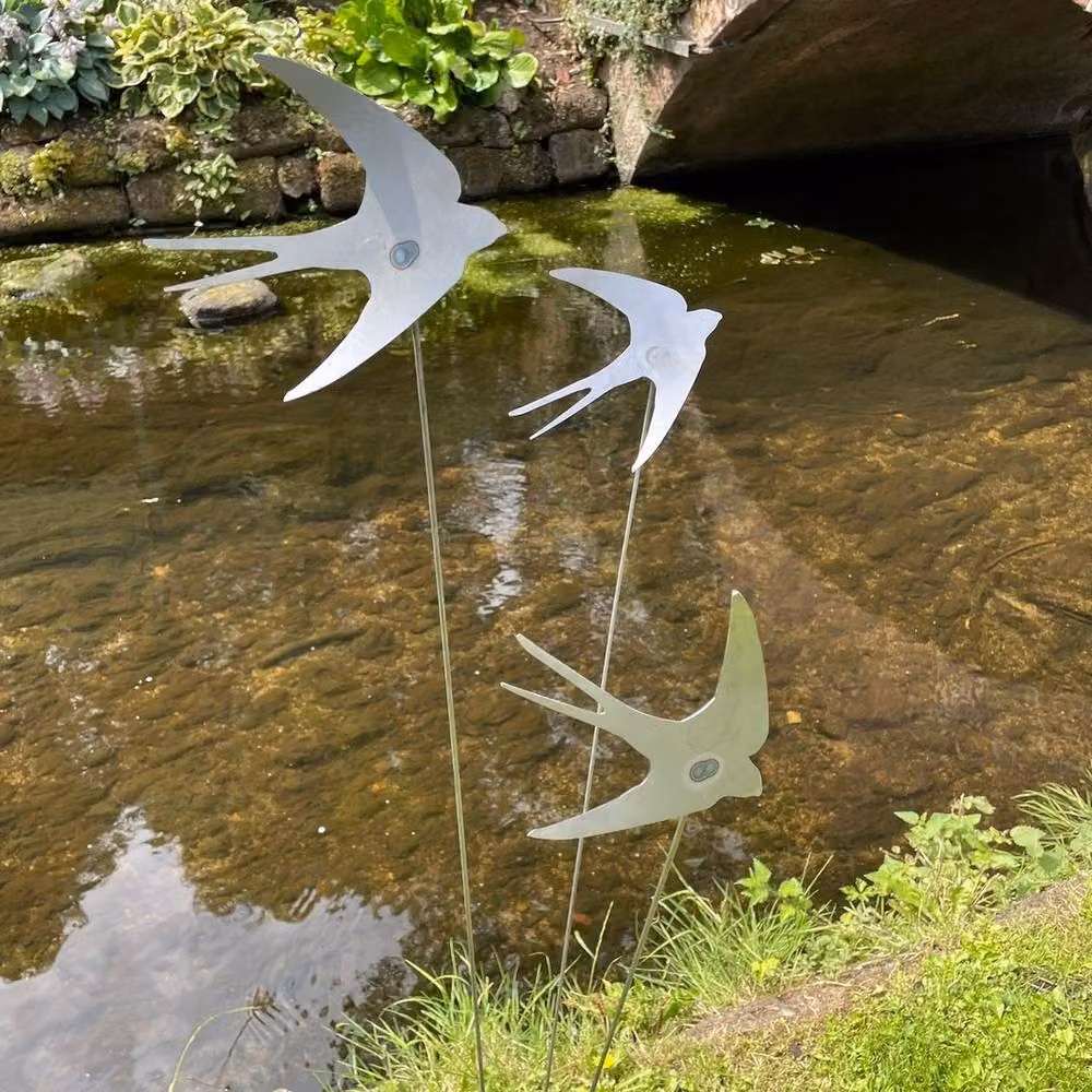 Poppyforge Flying Swallows Cluster Garden Art in Silver Steel, W: 6 cm, H: 100 cm – 3