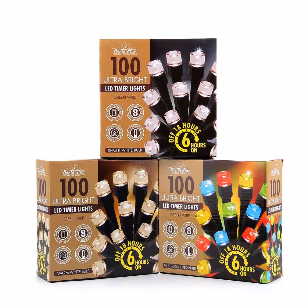 Voltico 100 LED Battery Operated Timer String Lights with Multicolour RGB Bulbs and Dark Green Wire, 10m – 2