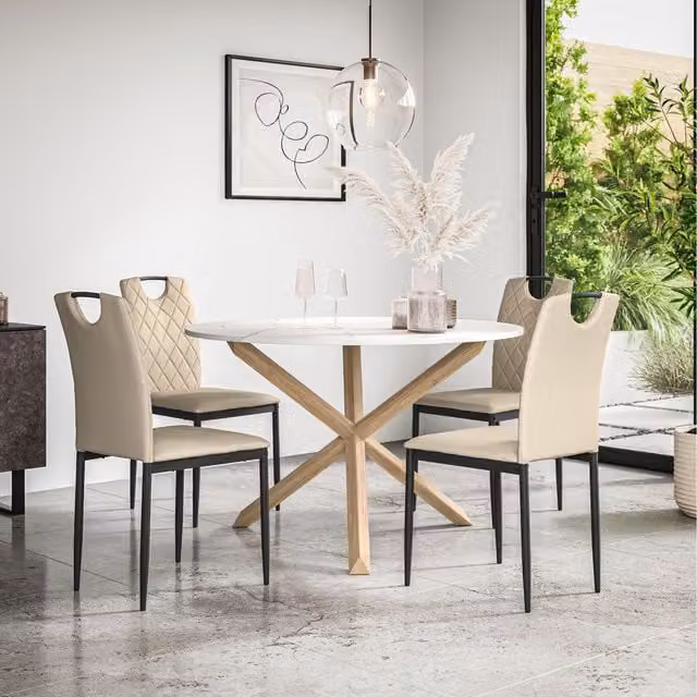 More4Homes Malvern Round Marble Effect Dining Table Set with 4 Monza Chairs in Beige and Oak