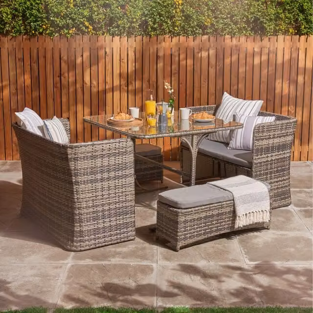 Home Treats 8 Seater Rattan Garden Furniture Cube Set in Grey with Aluminium, Polyester and Glass