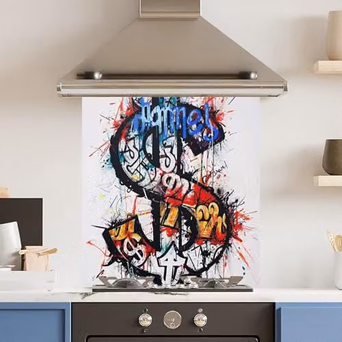 Grafitti Dollar Toughened 6mm Glass Kitchen Splashback, Multicolour, W: 70 cm, H: 75 cm – 1