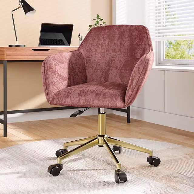Livingandhome Modern Pink Velvet Upholstered Swivel Task Chair with Armrests