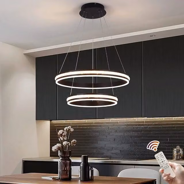 Garwarm Modern Dimmable LED 2 Ring Tiered Chandelier with Acrylic Crystal in Black, Diameter: 60 cm – 1