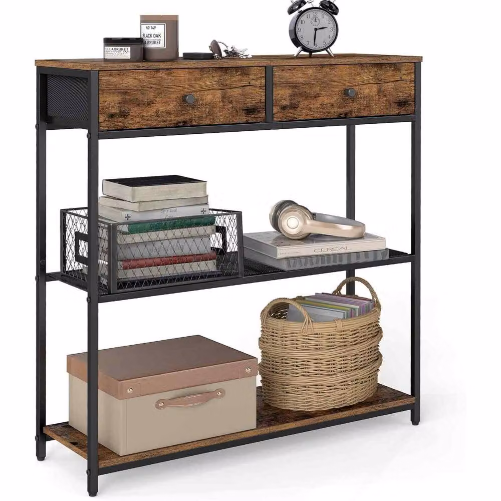 The Bazaarist Industrial Narrow Console Table with 2 Drawers and 3 Shelves in Brown and Black – 2