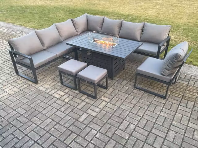 Fimous Aluminium Lounge Corner Sofa Garden Furniture Set with Gas Fire Pit Dining Table and Footstools in Dark Grey