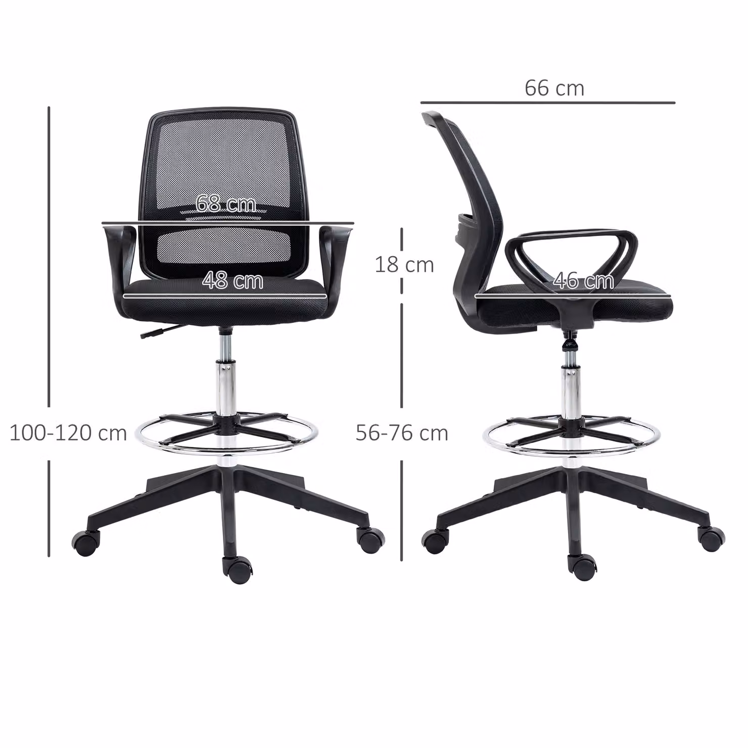Vinsetto Ergonomic Mesh Back Drafting Chair in Black with Adjustable Height, Footrest and 360 Degree Swivel – 3