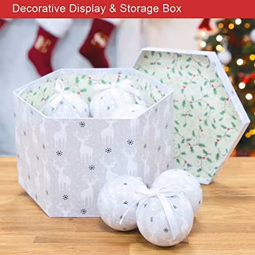 The Christmas Workshop Set of 14 Reindeer Christmas Baubles in White and Silver, Diameter: 7.5 cm – 4