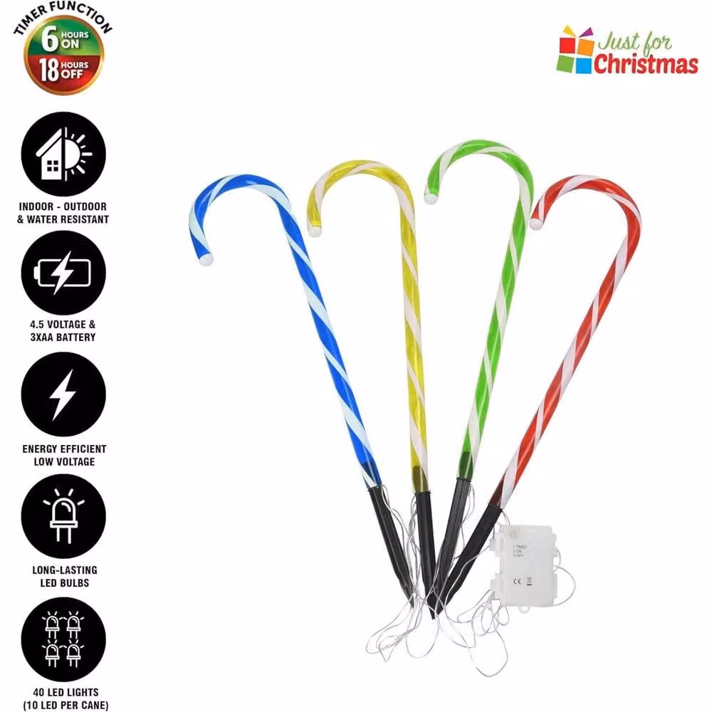 FLAVORA 4 Pack Multicolour LED Christmas Candy Cane Pathway Lights with Timer, H 100 cm x W 15 cm – 4