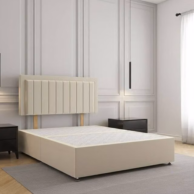 Regional Furnishings Plush Velvet Small Double Divan Bed with 24 inch Headboard in Beige, W/D/H: 120 x 200 cm