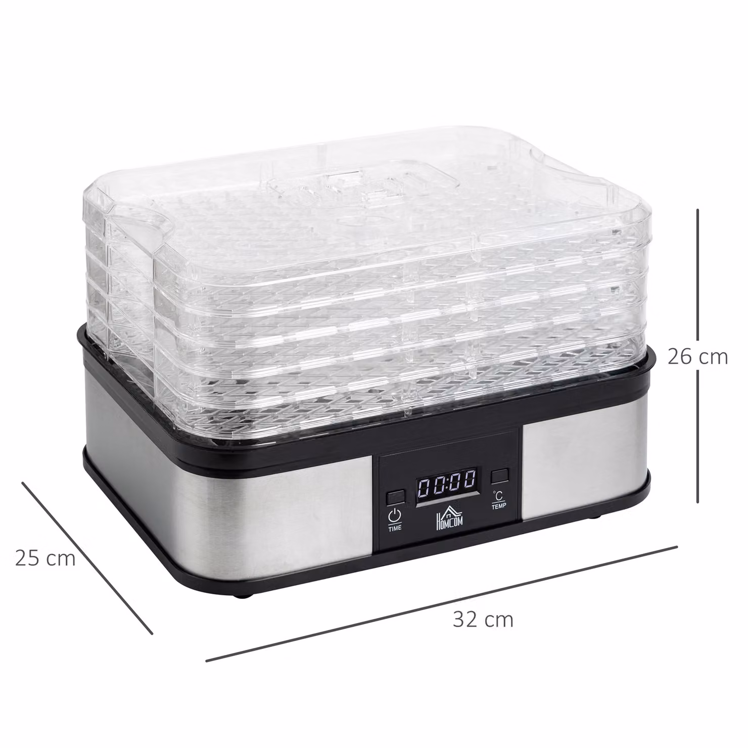 HOMCOM 5 Tier Food Dehydrator, 245W Stainless Steel Food Dryer Machine with Adjustable Temperature, Timer and LCD Display, Silver – 3