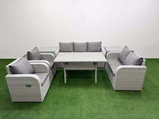 Fimous PE Rattan Garden Furniture Set in Light Grey with Reclining Chairs, Double Love Seat, Rectangular Dining Table and 2 Side Tables
