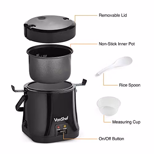 VonShef Mini Electric Rice Cooker in Black, 0.3 l with Keep Warm Function – 4