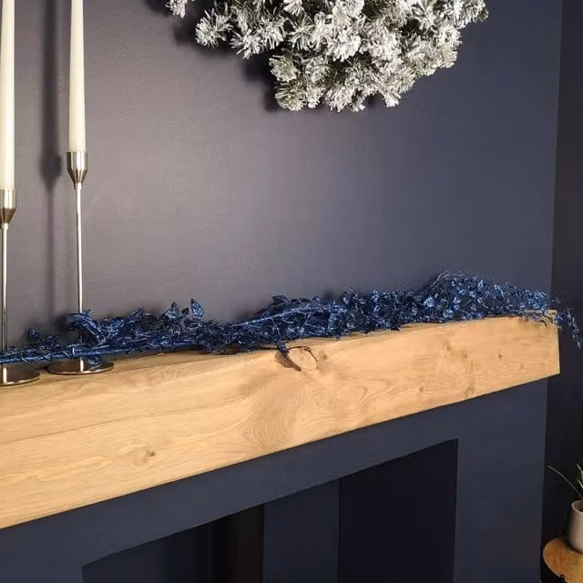 FLAVORA Blue Glitter Leaf Christmas Garland Decoration, W: 100 cm, D: 15 cm