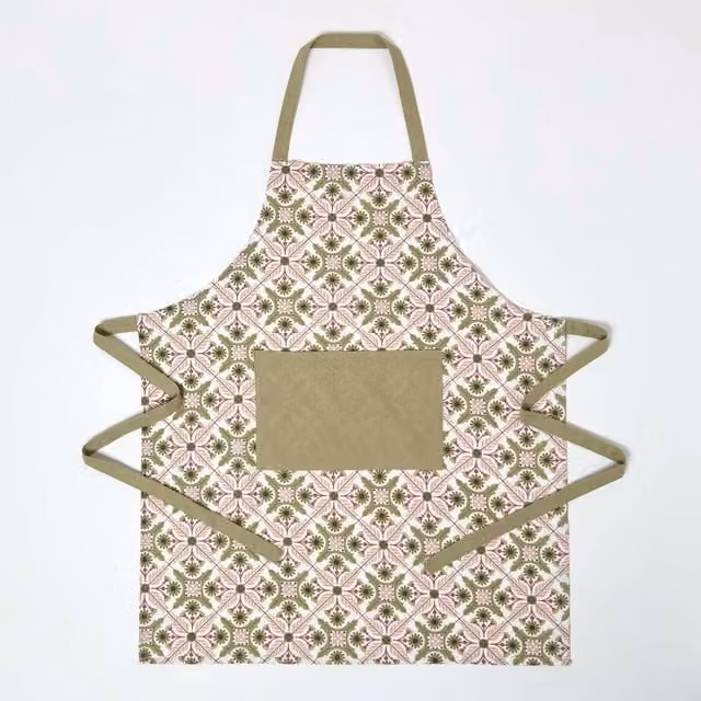 Homescapes Retro 100 Cotton Apron in Green, Pink and Multicolour