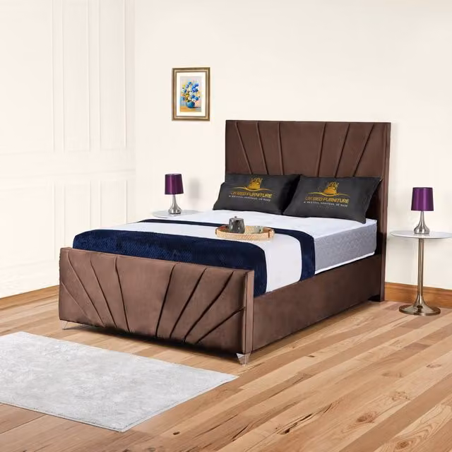 UK Bed Furniture Sunrise Brown Velvet Upholstered Slatted Base Bed W/D/H: 140 x 200 cm