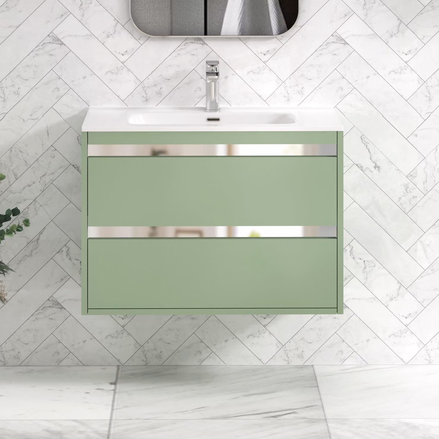 Royal Bathrooms Orion 800mm Mint Sage 2 Drawer Wall Hung Vanity Unit with Ceramic Basin and Chrome Accent Trim