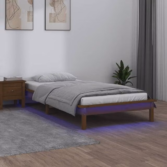 Berkfield Home Solid Wood LED Bed Frame in Honey Brown with Under-Bed Lighting and USB Charging Port, W/D/H: 90 x 200 cm